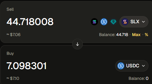 A cryptocurrency swap interface showing a Sell order of 44.718008 SLX (~$7.06) being exchanged for 7.098301 USDC (~$710) on what appears to be a decentralized exchange, with USDC balance showing 0.