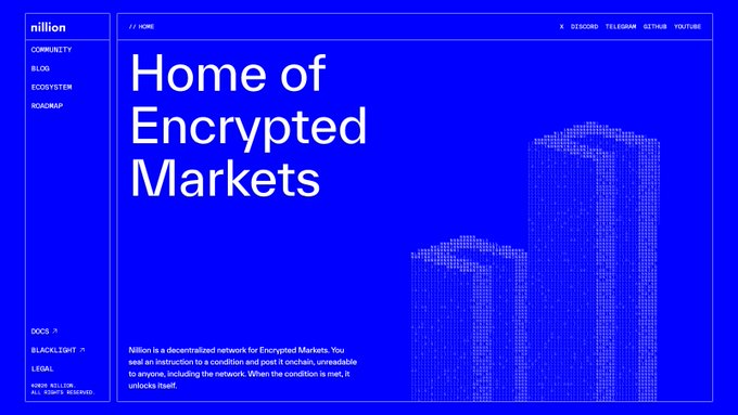 A screenshot of the Nillion website homepage, featuring the bold tagline "Home of Encrypted Markets" alongside navigation links (Community, Blog, Ecosystem, Roadmap) and an illustration of pixelated skyscrapers on a blue background. The image visually reinforces the post's announcement that Nillion has launched as the new platform for encrypted markets and directs users to view its roadmap at nillion.com.