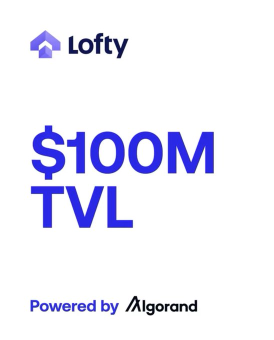 A minimalist graphic featuring the 'Lofty' logo at the top, large purple text reading '$100M TVL' in the center, and 'Powered by Algorand' at the bottom.