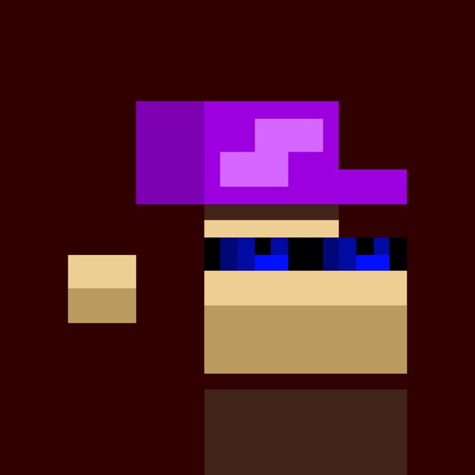 A pixel art image of a character with a large purple hat and blue eyes on a dark brown background, resembling a Minecraft style.