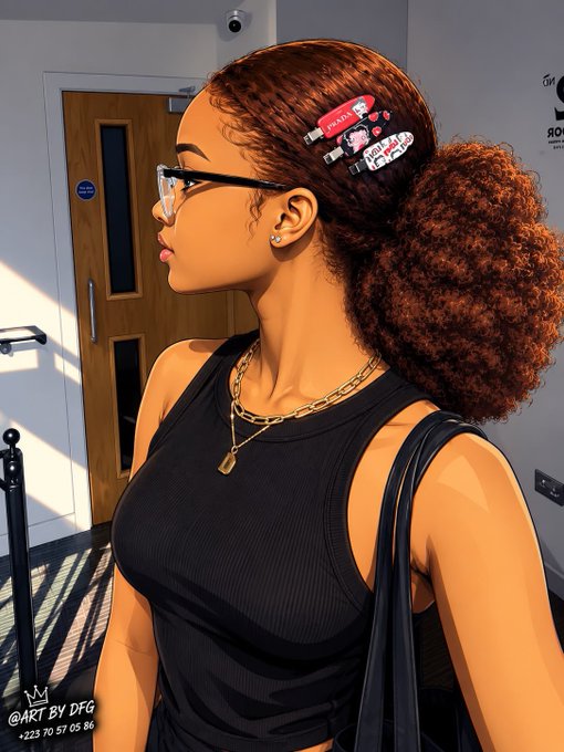 Digital artwork by DFG (@ART BY DFG, +223 70 57 05 86) showing a woman in profile with a curly auburn ponytail, hair clips, glasses, and a black tank top, standing in a hallway near a door.