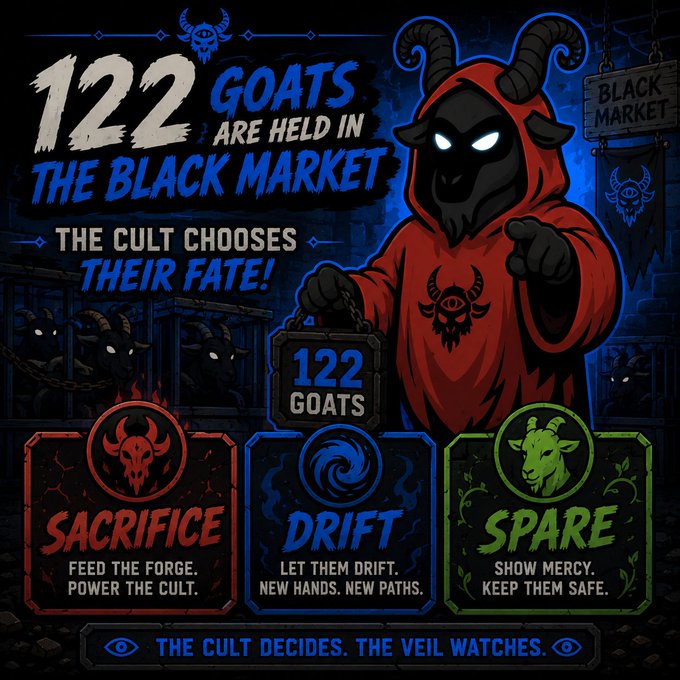 A dark, horned cultist figure in a red robe points forward beside bold text reading "122 GOATS ARE HELD IN THE BLACK MARKET - THE CULT CHOOSES THEIR FATE," presenting three verdict choices: a red "SACRIFICE - Feed the Forge. Power the Cult," a blue "DRIFT - Let them drift. New hands. New paths," and a green "SPARE - Show mercy. Keep them safe," capped by the ominous tagline "THE CULT DECIDES. THE VEIL WATCHES." The graphic visually embodies the three-way decision described in the post for the 122 goat cultists awaiting judgment at goatcult.xyz/blackmarket.
