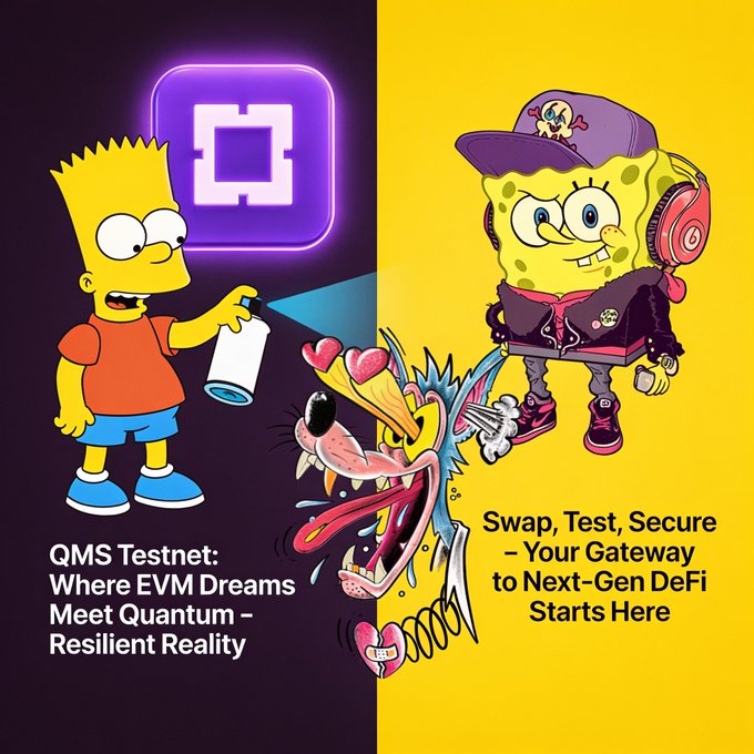 A promotional graphic featuring Bart Simpson holding a spray can and a stylized SpongeBob SquarePants character, with text reading 'QMS Testnet: Where EVM Dreams Meet Quantum – Resilient Reality' and 'Swap, Test, Secure – Your Gateway to Next-Gen DeFi Starts Here.'