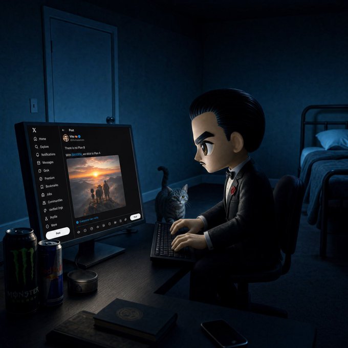 A stylized 3D illustration shows a character in a black suit typing on a keyboard at a desk in a dark room, with a cat, a bed, and Monster energy drinks nearby. The computer screen displays X (Twitter) with a post about Velo, Plan B, and MXNB rising 850% to 60.4.