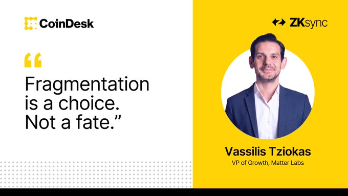 A CoinDesk and ZKsync-branded graphic features a headshot of Vassilis Tziokas, VP of Growth at Matter Labs, alongside the quote "Fragmentation is a choice. Not a fate." The image ties to the accompanying post by highlighting Tziokas's CoinDesk piece on how Prividium's architecture enables private yet connected tokenized deposit networks, countering onchain isolation.
