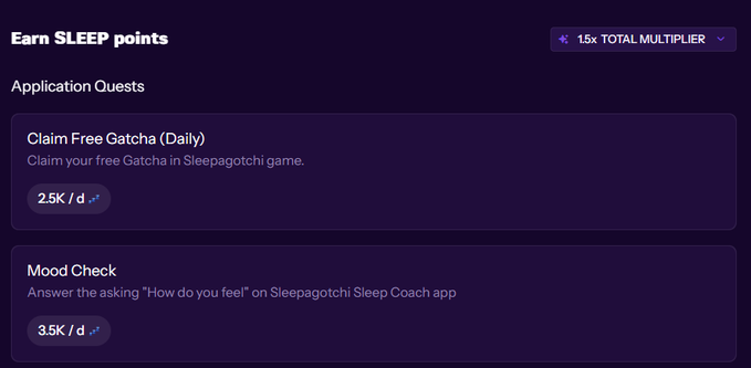 A purple-themed interface titled 'Earn SLEEP points' listing Application Quests: 'Claim Free Gatcha (Daily)' worth 2.5K/d and 'Mood Check' worth 3.5K/d, with a 1.5x TOTAL MULTIPLIER.