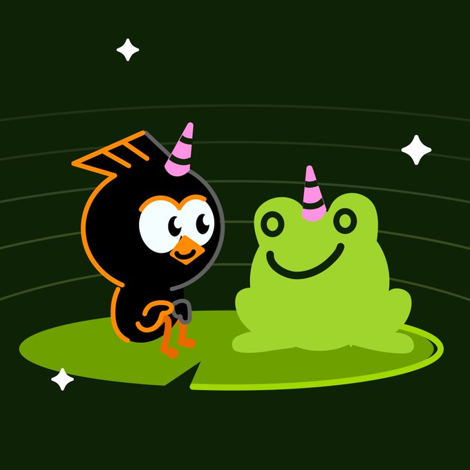 A cartoon black bird with orange accents sits on a green leaf next to a smiling green frog, both wearing small pink party horns in a starry dark green scene. The whimsical, celebratory imagery complements the post's announcement of Birdeye Trenches expanding to Robinhood Chain with new launchpad integrations.