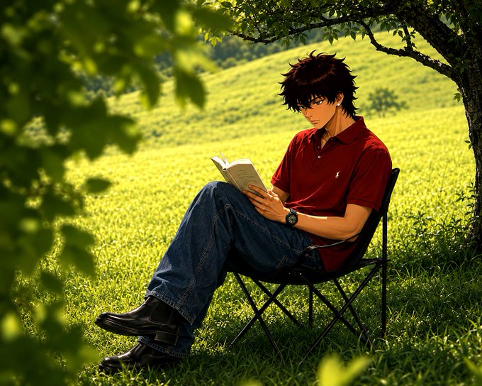 An anime-style illustration of a young man with dark hair wearing a red polo shirt, sitting on a folding chair under a tree while reading a book in a grassy field.