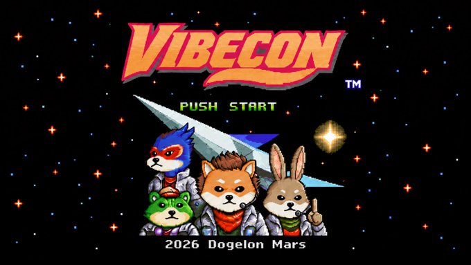 A retro arcade-style title screen displays "VIBECON" in bold orange letters above "PUSH START," featuring four pixel-art animal mascots (including Doge and a fox) suited up like astronauts against a starry space backdrop, with "2026 Dogelon Mars" written below—promoting the Dogelon VibeCon submission event.