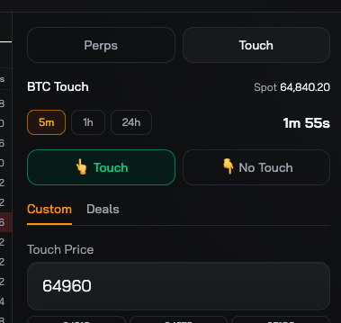 The image displays a trading interface on ImperialPerps showing a BTC Touch prediction market with the spot price at 64,840.20 and a 5-minute timeframe. The user has set a Touch Price of 64960 with options to bet on "Touch" or "No Touch," ending in 1 minute 55 seconds. This relates to the post by promoting ImperialPerps as a platform for making short-term price prediction trades on cryptocurrencies like $BTC.