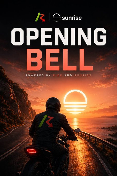 Promotional poster featuring a motorcyclist riding into a vibrant sunset along a coastal road, headlined with bold text "OPENING BELL" and "POWERED BY RIDE AND SUNRISE," alongside the R3 and Sunrise logos—visually capturing the launch of a new Ride fund for stock tokens on Sunrise via Backpack, enabling over 20x leverage on trades.
