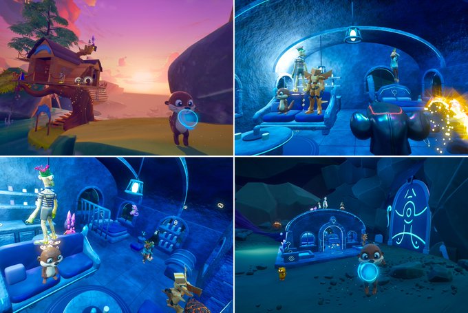 Four-panel collage from a video game featuring a small character with a glowing blue orb exploring various fantastical environments, including a treehouse at sunset, a futuristic blue-lit room, a cozy lounge with a fireplace, and a cave dwelling.