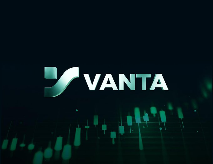 The image displays the "VANTA" logo with a stylized green and white emblem against a dark background featuring candlestick chart patterns, suggesting a trading or financial platform. This visual ties to the post, which promotes a giveaway for the Vanta exchange community by encouraging followers to engage on social media for a chance to win 20 USDT.