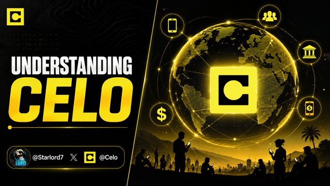 The image features a poster with a large yellow globe at its center, surrounded by various symbols representing different aspects of blockchain technology. The text "Understanding Celo" is written above the globe, indicating that this is an explanation or tutorial about Celo. Below the globe, there are several people depicted in silhouette form, possibly representing users or participants in the world of blockchain. The image also includes a social media post with a caption that reads: "Most people still think blockchain is only about trading. After spending hours researching @Celo I realized they're quietly building something far bigger. Not another crypto network. But infrastructure designed for how billions of people could actually use digital money in".