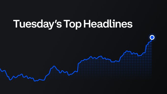 Graphic titled “Tuesday’s Top Headlines” shows a blue line chart trending sharply upward, with a dotted filled area beneath it, visually representing rising Bitcoin-related news momentum.