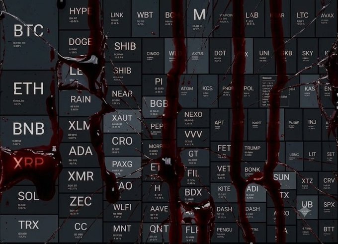 A dark grid of cryptocurrency tickers (BTC, ETH, XRP, SOL, DOGE, ADA, TRX, and others) is overlaid with red liquid dripping down the screen, evoking the message "lose your keys, lose your crypto" by visually warning that failing to back up wallet credentials could result in assets bleeding away.