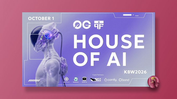 A vibrant purple-toned event banner promoting the "House of AI" at KBW2026 on October 1, featuring the 0G logo and a translucent humanoid figure, with partner logos including American Fortress, Mysten Labs, Otter AI, Space, comitfy, and Oband displayed at the bottom.

The image visually reinforces the post by highlighting the "OG" and "House of AI" branding of the 0G event, where American Fortress is presenting its keynote on "Compliant Privacy in Public Blockchains," signaling the company's integration into the 0G ecosystem at Korea Blockchain Week.