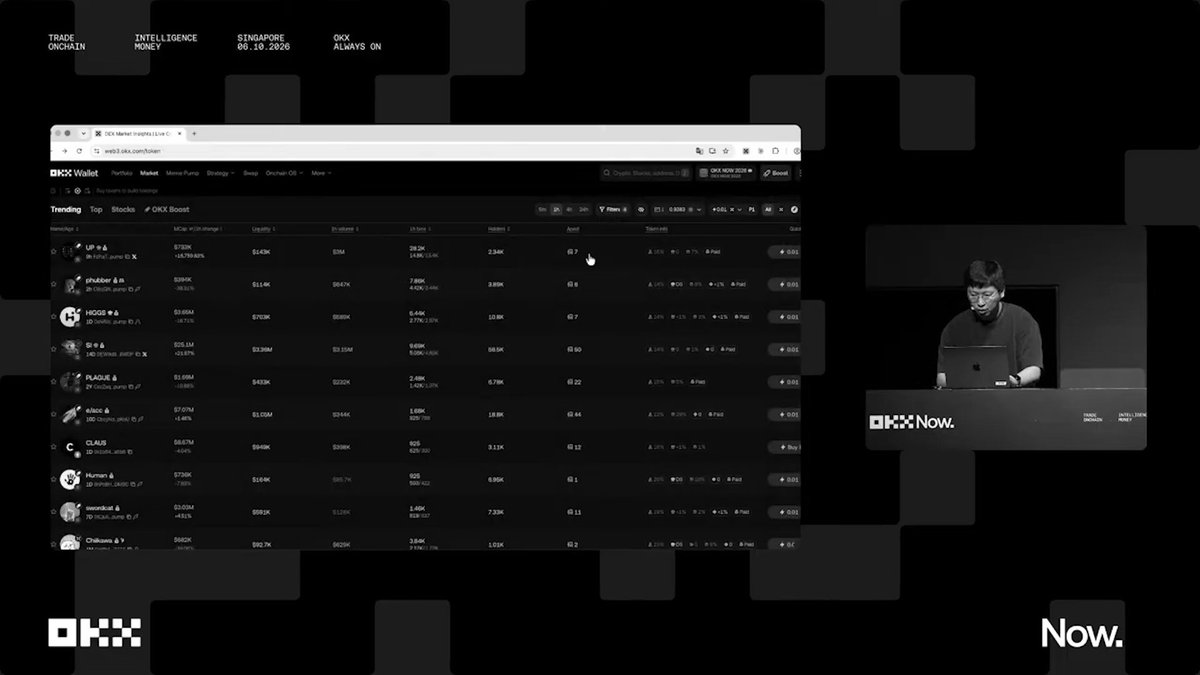 A presentation slide dated 'SINGAPORE 08.10.2026' on 'INTELLIGENCE MONEY' and 'TRADE ONCHAIN' displays a screenshot of the OKX Wallet token rankings page next to a black-and-white photo of a man at a laptop with 'OKX Now' branding.