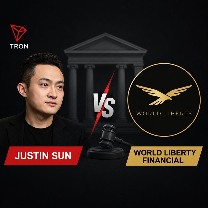 The image depicts a legal battle graphic between Justin Sun (TRON) and World Liberty Financial, featuring Sun's photo alongside the WLFI logo with a judge's gavel and "VS" in the center, visually representing the federal court proceedings mentioned in the post where a judge rejected World Liberty Financial's efforts against Sun.