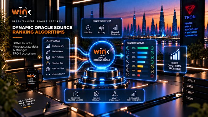 A promotional graphic for 'Wink - Decentralized Oracle Network' showcasing 'Dynamic Oracle Source Ranking Algorithms' with sections for Data Sources, Ranking Criteria, Ranked Sources, and benefits like 'Prioritize Trusted Sources' and 'A Stronger TRON Ecosystem.'
