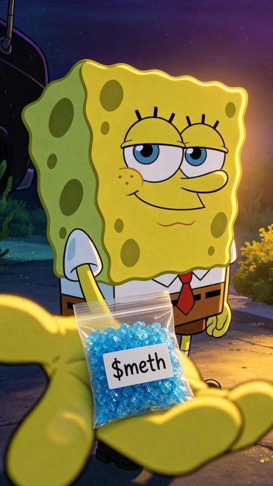 An edited image shows SpongeBob SquarePants holding a yellow hand that offers a bag labeled "$meth" filled with blue crystals.