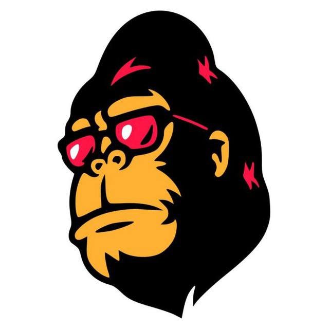 A stylized illustration of a gorilla's head in black and yellow, wearing red-tinted sunglasses.