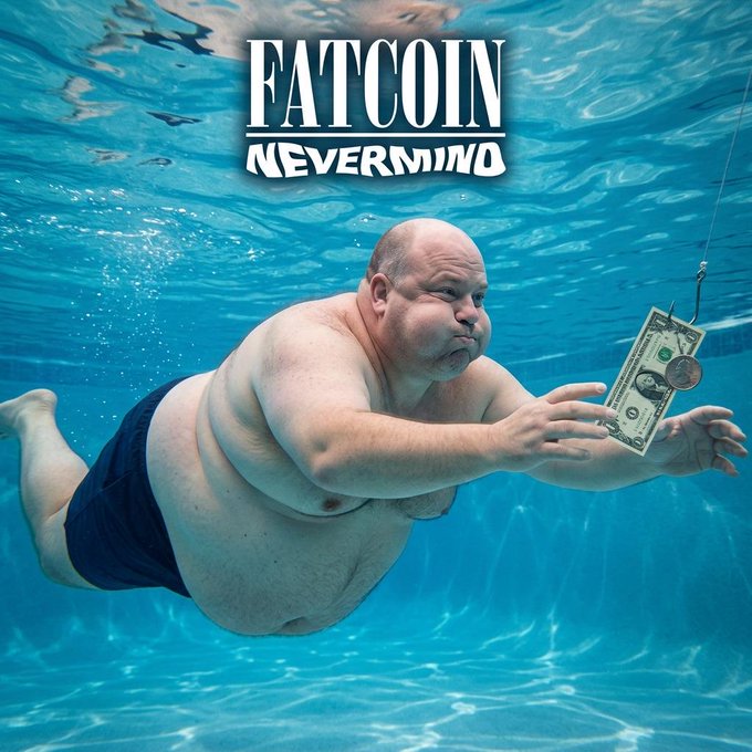 Album cover for 'FATCOIN' titled 'NEVERMIND,' showing an overweight man swimming underwater while reaching for a dollar bill on a fishing line.