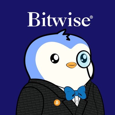 The Bitwise logo above a cartoon penguin wearing a suit, blue bow tie, and Bitcoin lapel pin against a dark blue background.