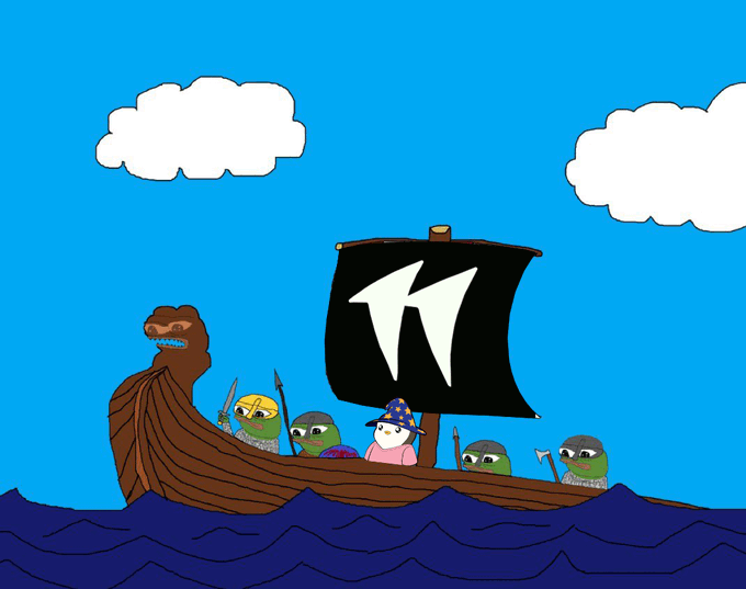 A cartoon illustration of a Viking-style longship with a dragon prow sailing across wavy blue seas under a cloudy sky, crewed by a wizard and frog characters (representing the Pepe and Wojak meme community) carrying weapons and treasure. The playful "raiding party" imagery metaphorically ties to the post's crypto trading competition, evoking themes of conquest, teamwork, and chasing the growing $12K prize pool in the FIFA 2026 Volume Cup on TradeHotStuff.