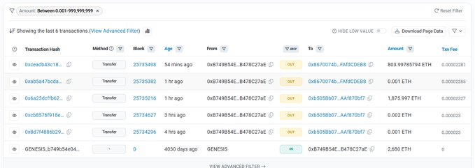 A blockchain transaction history page displaying Ethereum transfers from Genesis address to another address, showing ETH amounts and transaction hashes.