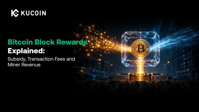 The image is a KuCoin article header titled "Bitcoin Block Rewards Explained: Subsidy, Transaction Fees and Miner Revenue," featuring a glowing Bitcoin symbol inside a digital cube, visually representing the article's explanation of how miners earn revenue from both the 3.125 BTC block subsidy and user-paid transaction fees.