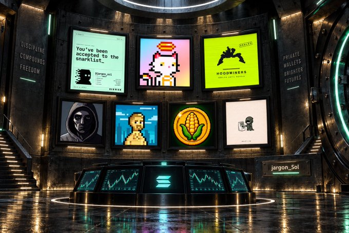 A futuristic digital gallery showcases seven crypto/NFT project artworks mounted on industrial walls, featuring @zksnarks_, "Opencatz," Hoodminers, and others from the post, with text panels reading "Discipline Compounds Freedom" and "Private Wallets Brighter Futures" alongside a Solana-branded control console below displaying "jargon_Sol."
