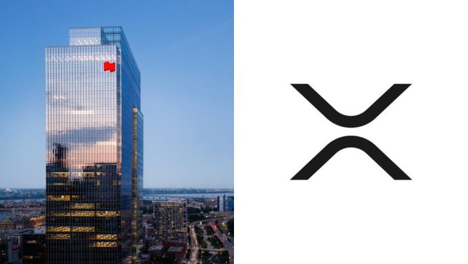 A split image showing a tall modern skyscraper on the left with the red Ripple (XRP) logo near the top, and the black XRP logo on the right against a white background.