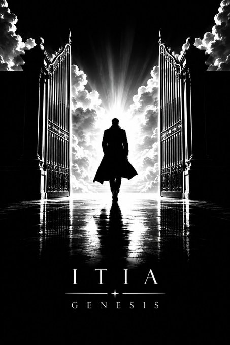 A dramatic black and white poster showing the silhouette of a man in a coat walking through grand open gates toward a bright light, with the text 'ITIA GENESIS' displayed at the bottom.