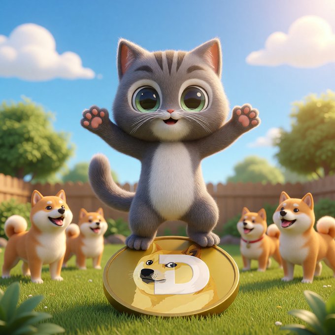 A 3D-rendered illustration of an adorable grey and white kitten with large eyes standing triumphantly on a golden Dogecoin, surrounded by several smiling Shiba Inu dogs in a grassy yard.
