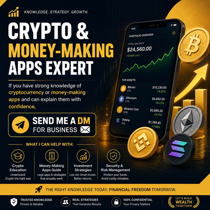 A promotional graphic offering expertise on crypto and money-making apps, featuring a smartphone displaying a portfolio overview with a $24,560.00 total balance, alongside physical representations of Bitcoin, Ethereum, Binance Coin (BNB), and Solana tokens with their respective prices and percentage gains, and four service categories: Crypto Education, Money-Making Apps Guide, Investment Strategies, and Security & Risk Management.