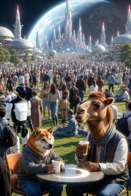 The image features a man and his dog sitting at a table with drinks, surrounded by other people who are also enjoying their time outdoors. The scene takes place in front of a large crowd of people, which includes buildings that appear to be futuristic or space-themed structures. There is also a robot present in the scene, adding an interesting element to the gathering. A caption on the image reads "Good Wednesday morning, !" and it mentions Dogecoin as well.