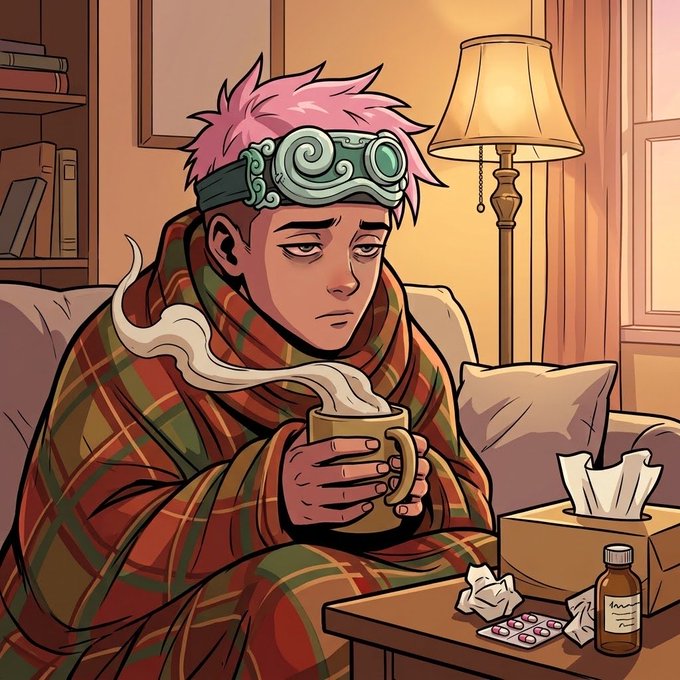 An anime-style illustration of a person with pink hair wearing green goggles on their forehead and a red plaid robe, holding a steaming mug beside a tissue box and medication.