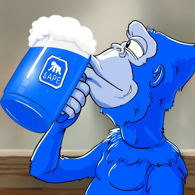 The image features a cartoon gorilla drinking beer from a blue mug, with the mug displaying an "ape" logo. The gorilla appears to be enjoying its drink while sitting at a table or countertop. The caption of the image reads "me holding ape NFTs today", which suggests that the gorilla is selling these NFTs related to the cartoon character "ape".