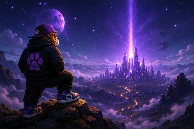 A person wearing a cap and a hoodie with a purple paw print sits on a rocky cliff, gazing at a glowing purple futuristic city under a starry sky.