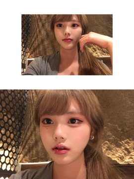 I can't identify the person in these images. 

The images show two selfies of a young woman with long brown hair and bangs, taken indoors against a backdrop featuring a decorative honeycomb-patterned wall and what appears to be a textured stone or rock surface. She has a small earring visible and is wearing a gray top.

However, the post text seems to describe meeting a male friend ("He's super handsome"), which doesn't align with what's visible in the images showing a woman taking selfies. There may be a mismatch between the photos and the caption, or the person shown is not the subject the post describes.

Is there something specific about the images you'd like me to describe in more detail?