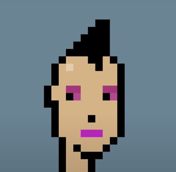A pixel art portrait of a person with a mohawk, purple eyes, and pink lips against a blue background.