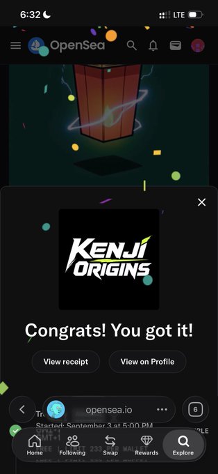 A screenshot from OpenSea mobile app showing a 'Congrats! You got it!' message for a 'Kenji Origins' NFT with confetti animation and a gift box.