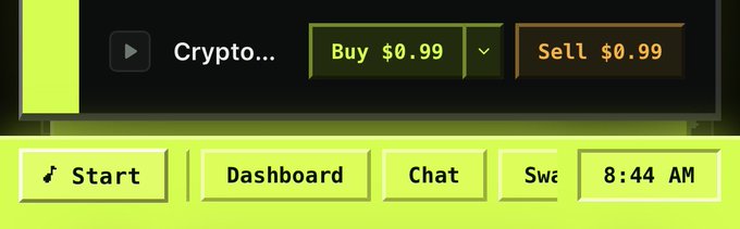 A digital interface with a dark top bar showing 'Crypto...' alongside 'Buy $0.99' and 'Sell $0.99' buttons, and a bright green bottom bar featuring 'Start', 'Dashboard', 'Chat', 'Sw...' and '8:44 AM' labels.