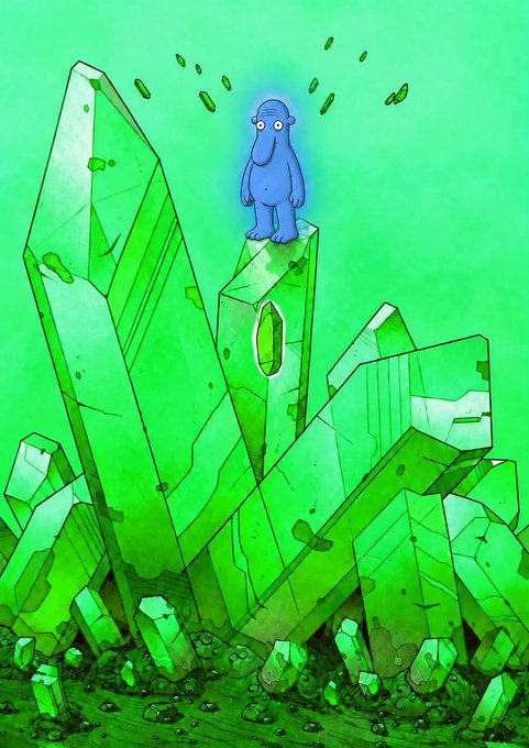 A small blue character stands atop a cluster of large green crystals that form a cactus-like shape, emitting an aura of energy.

The image cleverly visualizes the crypto joke, with the green crystals resembling a cannabis plant ("grass") and the word "slept on" playing on the character resting atop the foliage, suggesting this lesser-known crypto project is a hidden gem worth waking up to.