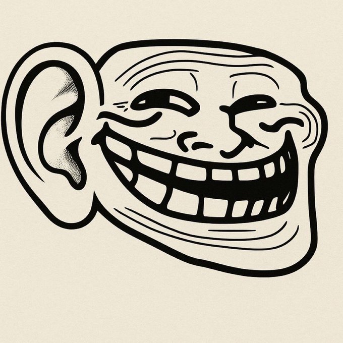 The image features a black and white illustration of a face with a large, exaggerated ear. The face has a big smile and is looking directly at the viewer. The caption below the image reads "Hearing things... $TROLL". This phrase refers to the humorous nature of the image, as it seems to be related to the concept of hearing things or being bombarded by noise.