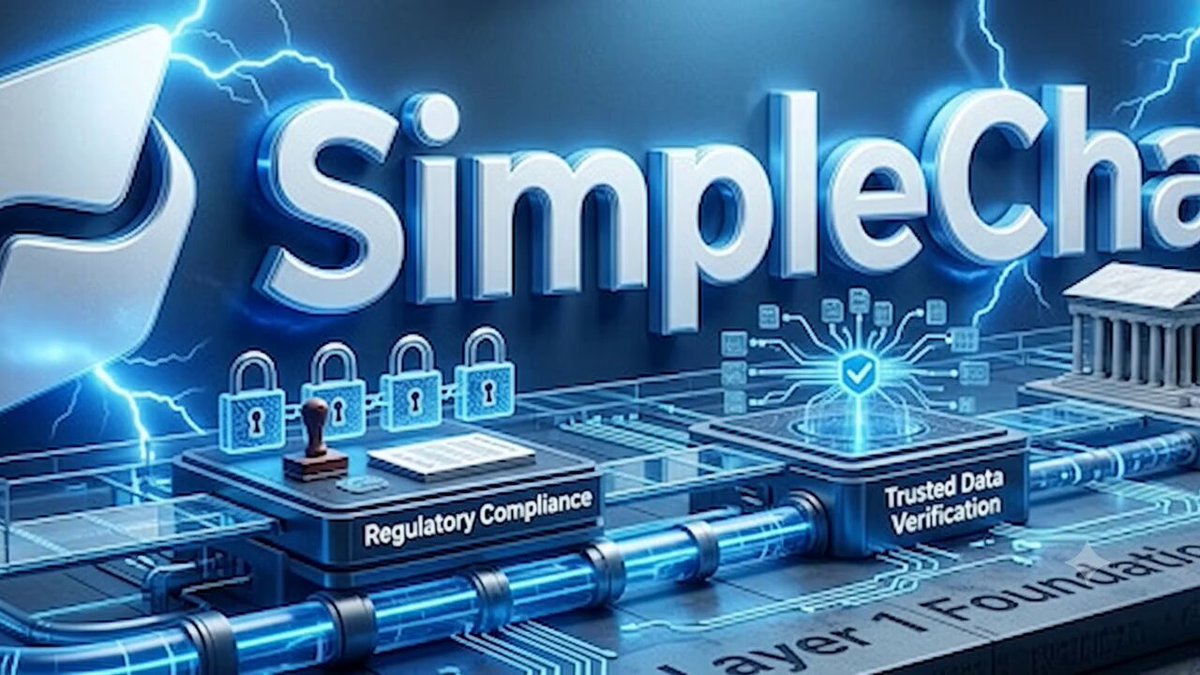 The image features a large blue banner with the words "SimpleCha" written in white letters, accompanied by a drawing of a building and a lightning bolt. The text on the banner reads "Regulatory Compliance", which suggests that the SimpleChain platform is designed for compliance purposes within the financial services industry. This implies that the system is built to ensure regulatory adherence and security standards are met when processing transactions or managing data.