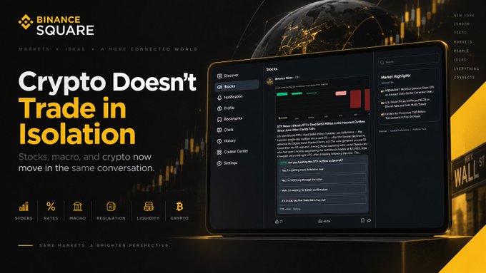 A Binance Square promotional banner featuring the headline "Crypto Doesn't Trade in Isolation," showing a dashboard interface with sections for Discrepancy, Stocks, Earnings, and Market Highlights, alongside category icons for Stocks, Rates, Macro, Regulation, Liquidity, and Crypto. The image visually reinforces the post's message by illustrating a unified platform that connects crypto markets with traditional financial data like equities and earnings.