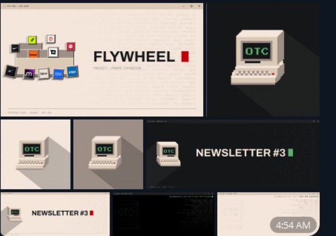 A collage of design mockups shows branding for 'FLYWHEEL' and 'NEWSLETTER #3', featuring a pixelated computer terminal graphic labeled 'OTC'.