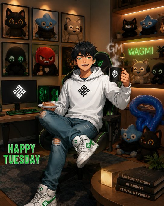 An animated-style illustration of a smiling young man wearing a BNB-logo hoodie sitting in a gaming chair holding a coffee mug, surrounded by plush toys, with neon text reading 'GM WAGMI' and 'HAPPY TUESDAY,' and books titled 'The Book of Virtues,' 'AI Agents,' and 'Ritual Network.'